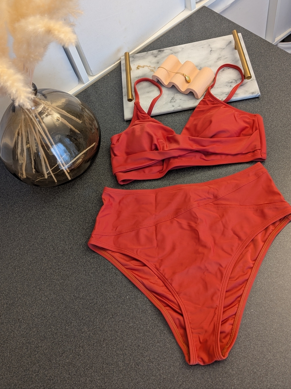 Cupshe Rust Red High-Waist Bikini Two-Piece M